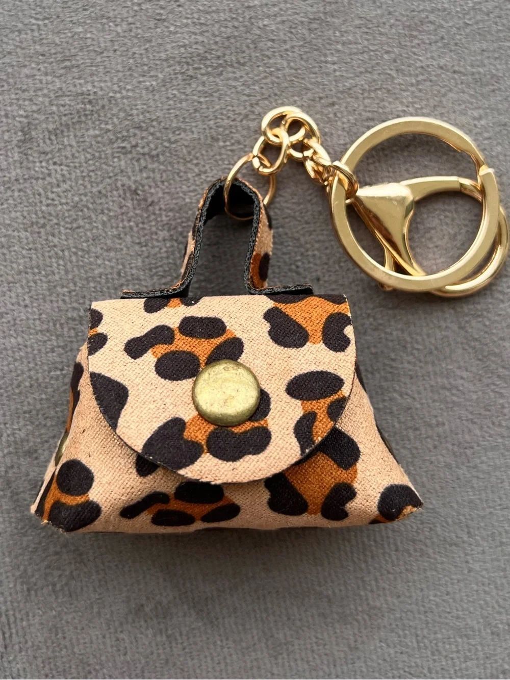 Tan Leopard Print Mini Purse Keychain/Bag Charm with Gold Hardware